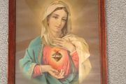 Vintage framed devotional Swiss print of the Immaculate Heart of Mary in a simple wooden frame 1930s 1940s