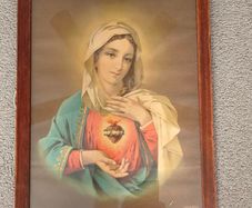 Vintage framed devotional Swiss print of the Immaculate Heart of Mary in a simple wooden frame 1930s 1940s