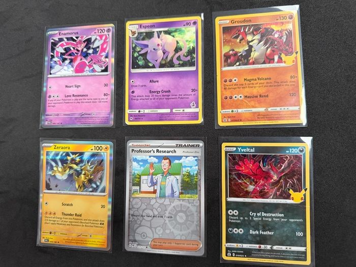 Set of 6 Pokemon Cards Zeraora, Professor's Research, Enamorus, Espeon, Groudon, Yveltal