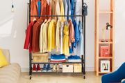 Heavy Duty Clothes Rail with Wheels, Double Rails Metal Clothes Rack with Hooks &amp; Storage Shelf, 80kg Load Freestanding Garment Rail for Bedroom/Laundry/Shop (Black)