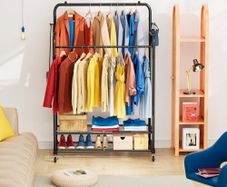 Heavy Duty Clothes Rail with Wheels, Double Rails Metal Clothes Rack with Hooks & Storage Shelf, 80kg Load Freestanding Garment Rail for Bedroom/Laundry/Shop (Black)