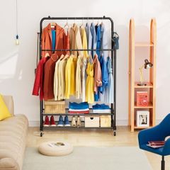 Heavy Duty Clothes Rail with Wheels, Double Rails Metal Clothes Rack with Hooks & Storage Shelf, 80kg Load Freestanding Garment Rail for Bedroom/Laundry/Shop (Black)