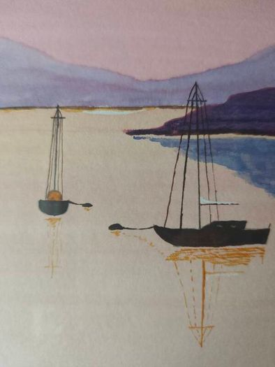 Sunset sailboats  original watercolor, signed DTB