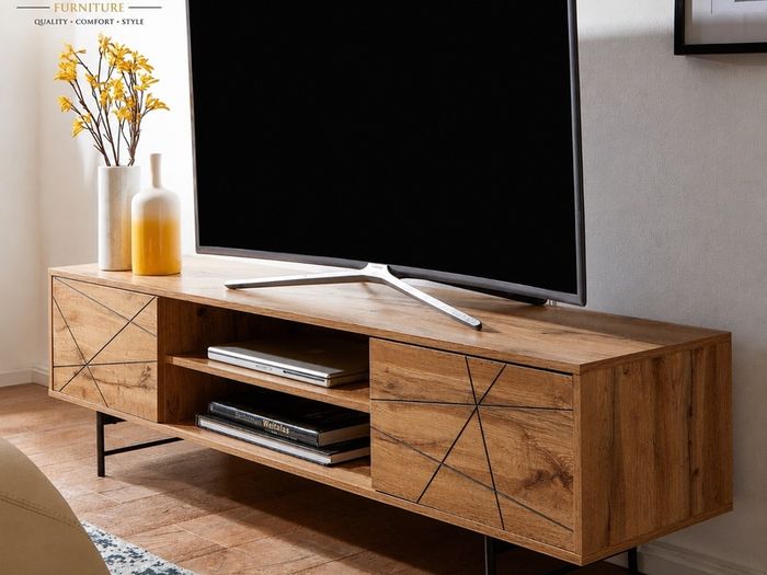 Oak Effect TV Stand 160 cm  Contemporary Wooden Entertainment Unit.