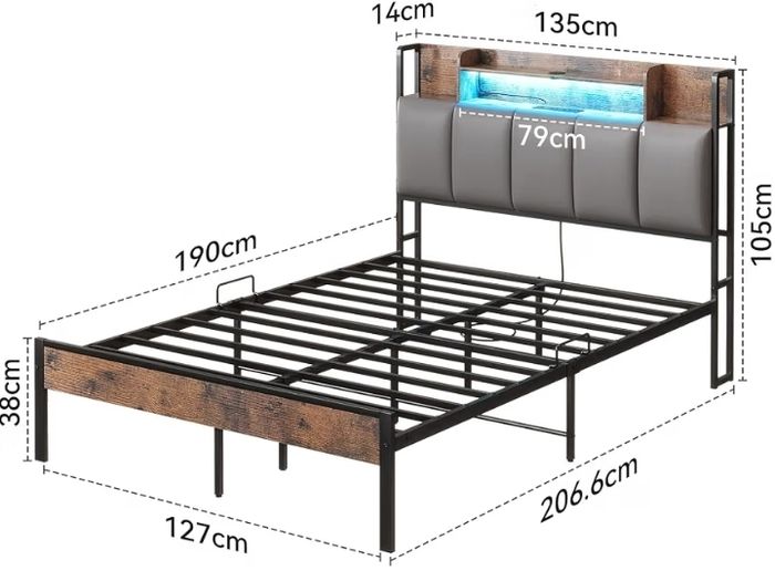 Double Bed Frame with Storage Upholstered Headboard and LED, 135x190cm  Charging Station(2AC, 2USB), Platform Metal Small Double Bed Frame with Underbed Storage, Strong Metal Slat Support