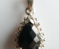 Vintage Sterling Silver 925 Genuine Black Jade and Zircon Necklace Pendant, length 18" - 4,5g