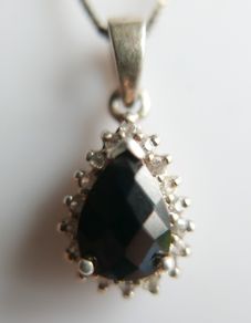 Vintage Sterling Silver 925 Genuine Black Jade and Zircon Necklace Pendant, length 18" - 4,5g