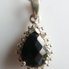 Vintage Sterling Silver 925 Genuine Black Jade and Zircon Necklace Pendant, length 18" - 4,5g