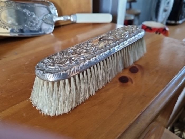 hallmarked crumbscoop and associated horsehair brush