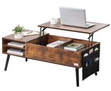 Lift Top Coffee Table, 39.4 in Rectangle Coffee Table with Extra Storage Pockets, Pop Up Coffee Table for Living Room, Brown