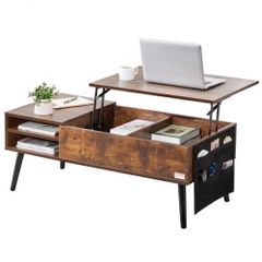 Lift Top Coffee Table, 39.4 in Rectangle Coffee Table with Extra Storage Pockets, Pop Up Coffee Table for Living Room, Brown