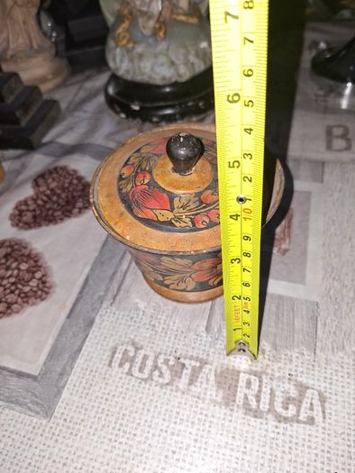 Vintage Russian Khokhloma Lidded Wooden Jar Hand Painted Lacquer Folk Art Trinket Box,