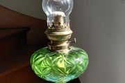 antique French large green glass oil lamp, works