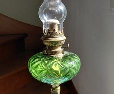 antique French large green glass oil lamp, works