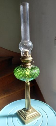 antique French large green glass oil lamp, works