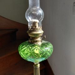 antique French large green glass oil lamp, works