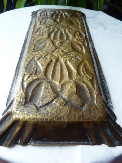 Original Art Nouveau Brass Dressing Table Pieces. Photo Frame and Repousse Tray