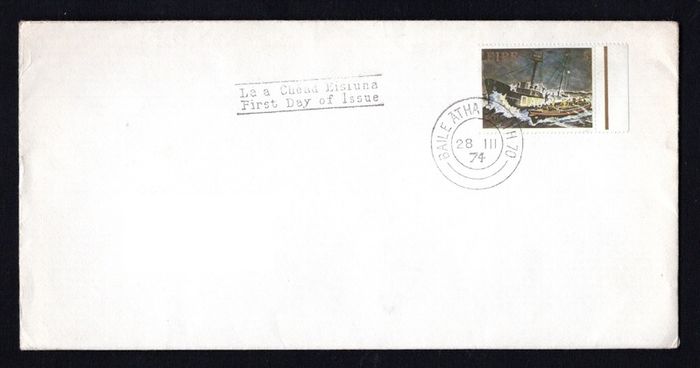 1974 Ireland 150th Anniversary of the Royal National Lifeboat Institution (RNLI) Commemorative Stamp on plain envelope with Dublin steele cancel and First Day of issue cancel.