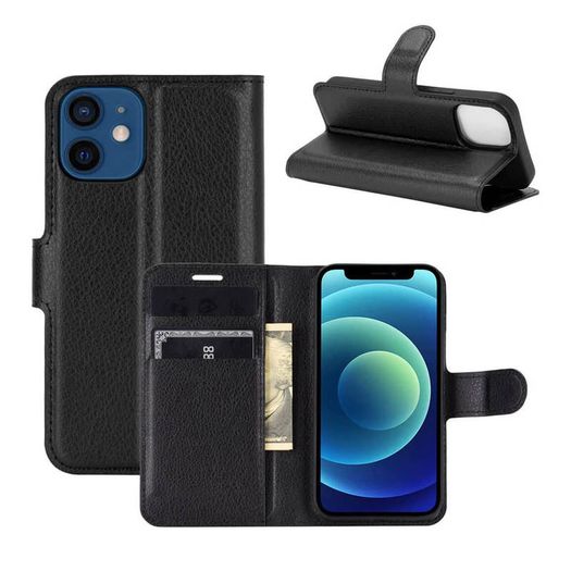 For iPhone 12 Mini Wallet Case Cover Flip Book PU Leather Holder Card Slots Black - FHT07IPK1