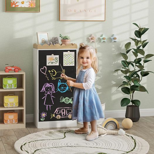 Children's storage unit, toy storage for kids with chalkboard door, 3 cubbies and top shelf, white