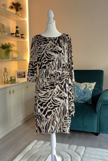 Wallis Ladies Knee-length Black and Beige Animal-print Dress with gathered side tie.