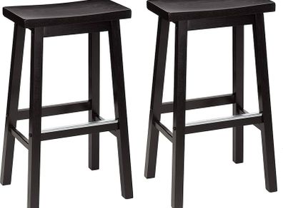 Basics Set of 2 Solid Wood Kitchen Counter Bar Stool, Dining Chair, Easy Assembly, Modern, 74 cm Tall, Black