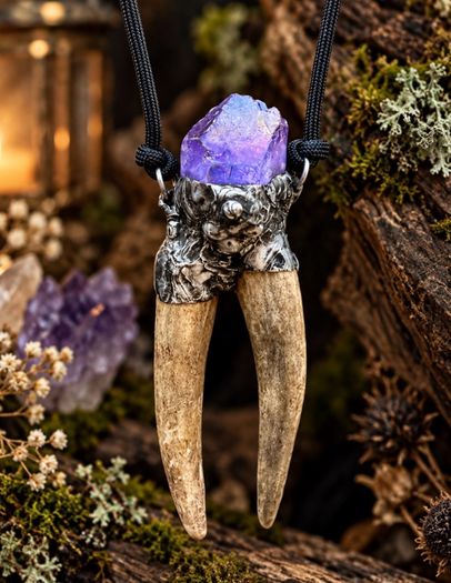 Double Deer Antler and Purple Aura Quartz Necklace