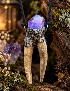 Double Deer Antler and Purple Aura Quartz Necklace