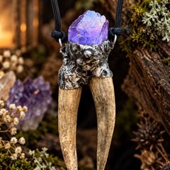 Double Deer Antler and Purple Aura Quartz Necklace