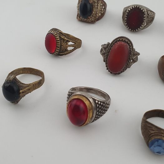 15 Antique Style Brass Rings Mixed Stone & Colourful Glass Accents