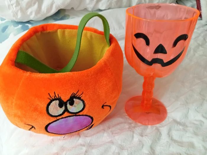 Cute Halloween Plush Pumpkin Treat Basket & Goblet Set