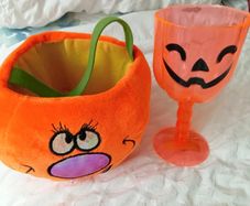 Cute Halloween Plush Pumpkin Treat Basket & Goblet Set