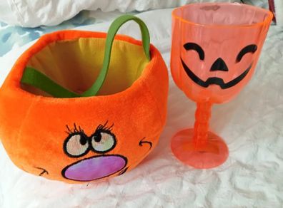Cute Halloween Plush Pumpkin Treat Basket & Goblet Set