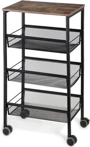 NEW SALE | 4-Tier Storage Trolley Cart, Kitchen Storage Wagon, Rolling Kitchen Shelving Unit on Wheels Mobile Slit Cart with Wooden Tabletop
