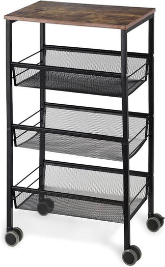 NEW SALE | 4-Tier Storage Trolley Cart, Kitchen Storage Wagon, Rolling Kitchen Shelving Unit on Wheels Mobile Slit Cart with Wooden Tabletop
