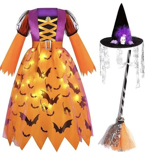 Witch costume with lights, Halloween, girl costume, carnival, cosplay, princess dress with witch broom and hat