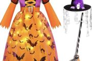Witch costume with lights, Halloween, girl costume, carnival, cosplay, princess dress with witch broom and hat