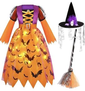 Witch costume with lights, Halloween, girl costume, carnival, cosplay, princess dress with witch broom and hat