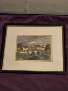 Antique coloured etching "Old Bow Bridge" framed