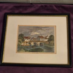 Antique coloured etching "Old Bow Bridge" framed