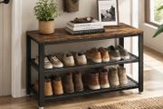 Shoe rack with seat  shoe bench, shoe cabinet, shoe rack for sitting, 73 x 30 x 45 cm, shoe rack with 3 levels, metal frame, for entrance area, industrial design, wood look,