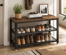 Shoe rack with seat  shoe bench, shoe cabinet, shoe rack for sitting, 73 x 30 x 45 cm, shoe rack with 3 levels, metal frame, for entrance area, industrial design, wood look,