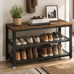 Shoe rack with seat  shoe bench, shoe cabinet, shoe rack for sitting, 73 x 30 x 45 cm, shoe rack with 3 levels, metal frame, for entrance area, industrial design, wood look,