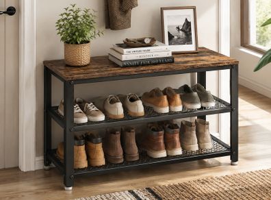 Shoe rack with seat  shoe bench, shoe cabinet, shoe rack for sitting, 73 x 30 x 45 cm, shoe rack with 3 levels, metal frame, for entrance area, industrial design, wood look,