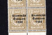 1922 Ireland 1s bistre-brown 3-line Overprinted by Thom in shiny blue-black Marginal Block of 4 Mint Never Hinged (MNH)