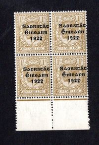 1922 Ireland 1s bistre-brown 3-line Overprinted by Thom in shiny blue-black Marginal Block of 4 Mint Never Hinged (MNH)
