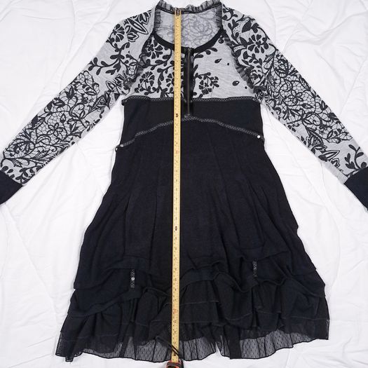 Bai Amour Vintage Black Grey Floral Lace Detail Ruffle Tiered Knit Dress 10-12UK/38-40EU