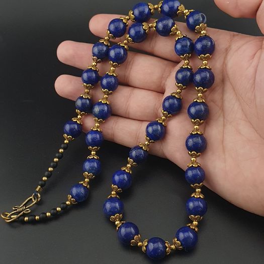 Vintage Blue Lapis Lazuli & Brass Beads Gemstone Necklace