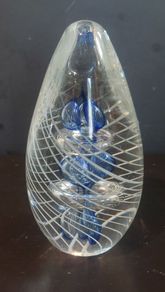 Fabulous Vintage Retro Large Art Glass Hand-Blown Teardrop Ovoid-Shaped  Paperweight with a Stunning Intricate Pattern in Blue, Clear and Opaque White Glass