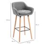 Set of 2 Linen Bar Stools with Solid Wood Legs, Metal Frame & High Back Grey Image 2
